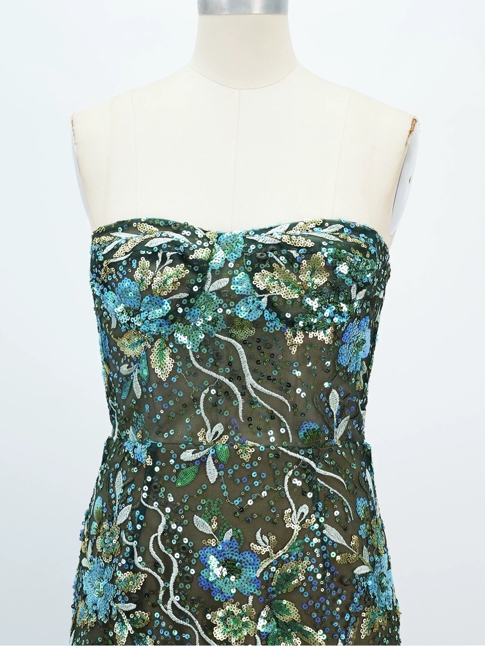 Bronx and Banco NWOT Strapless Sequin Floral Maxi Dress - Teal & Olive Size XS&S - Picture 3 of 12